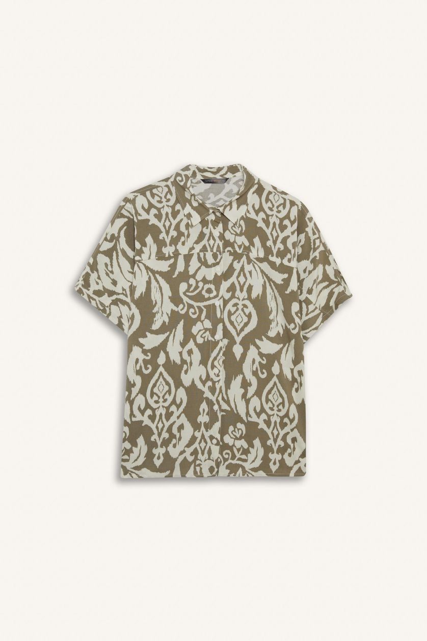 WOMAN Light Khaki Regular Fit Shirt Collar Printed Short Sleeve Shirt
