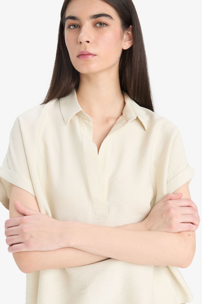 WOMAN Beige Regular Fit Shirt Collar Short Sleeve Blouse
