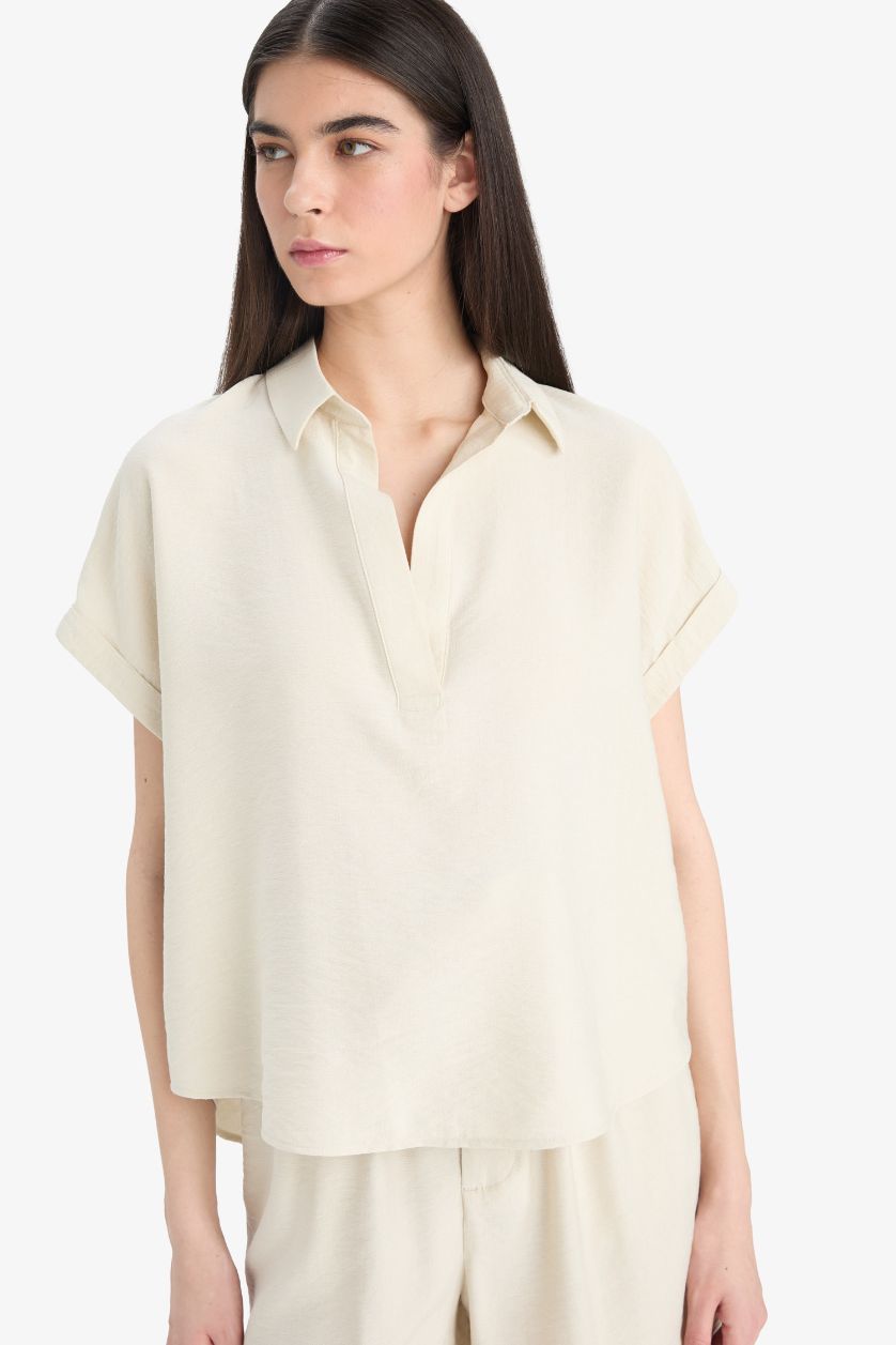 WOMAN Beige Regular Fit Shirt Collar Short Sleeve Blouse