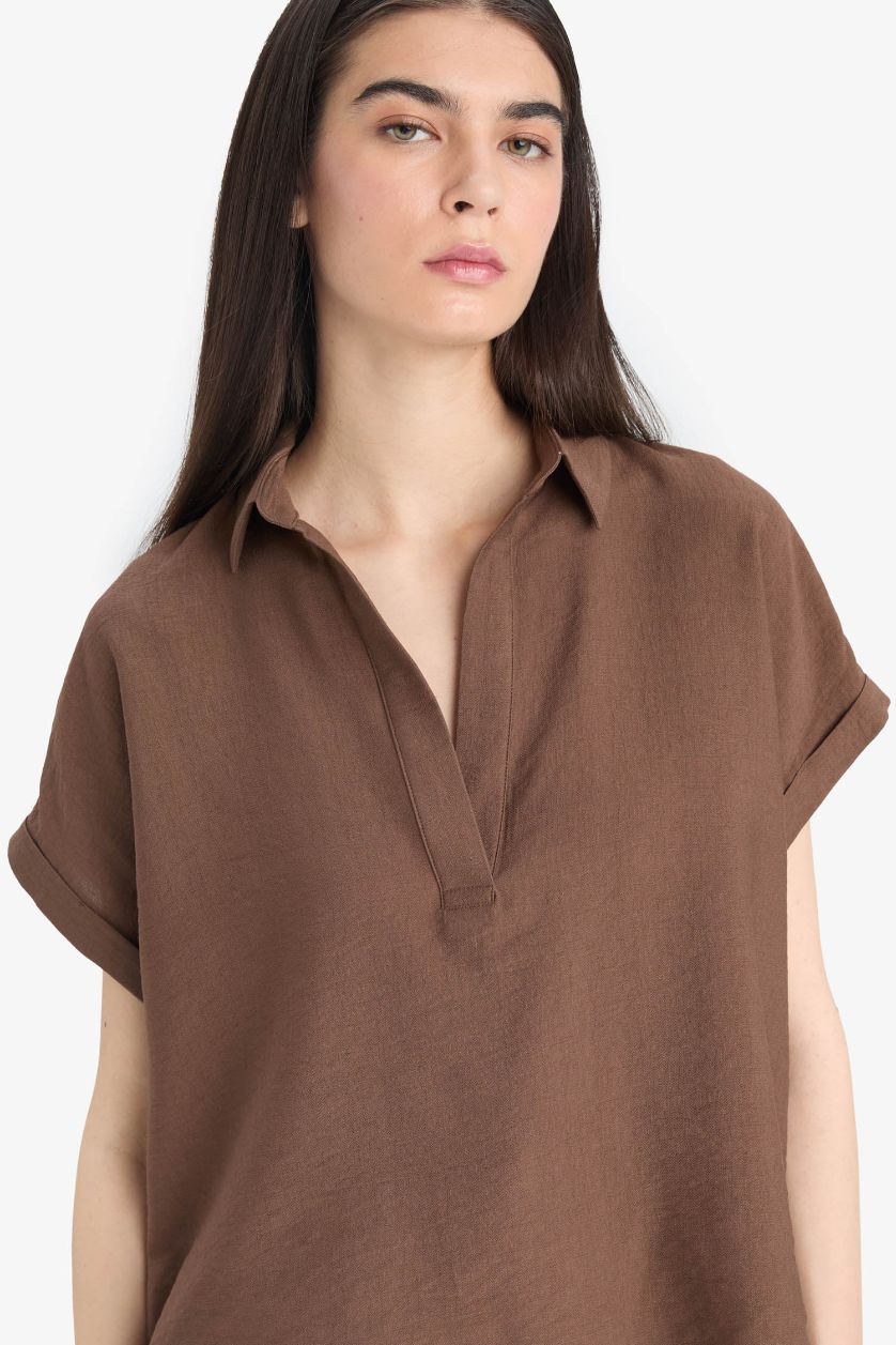 Woman Brown Regular Fit Shirt Collar Short Sleeve Blouse