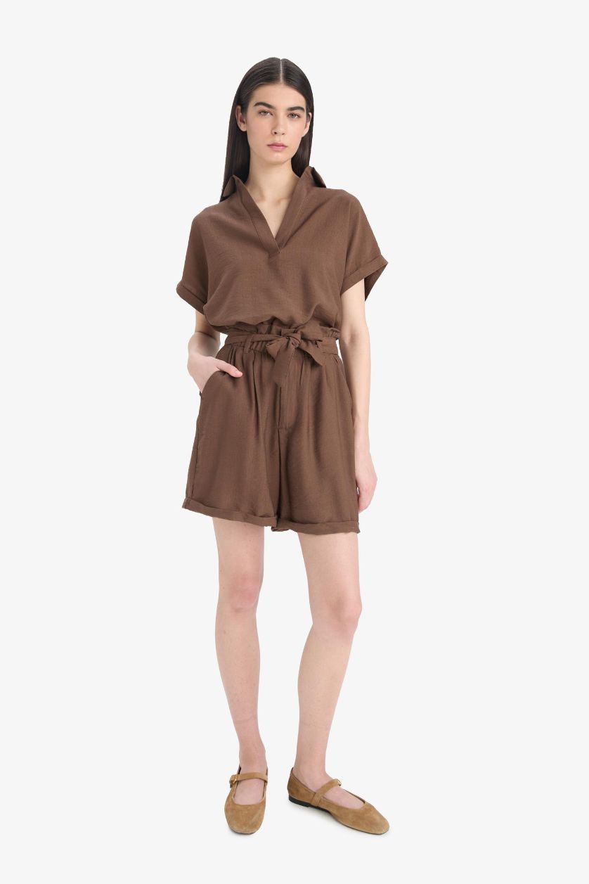Woman Brown Regular Fit Shirt Collar Short Sleeve Blouse