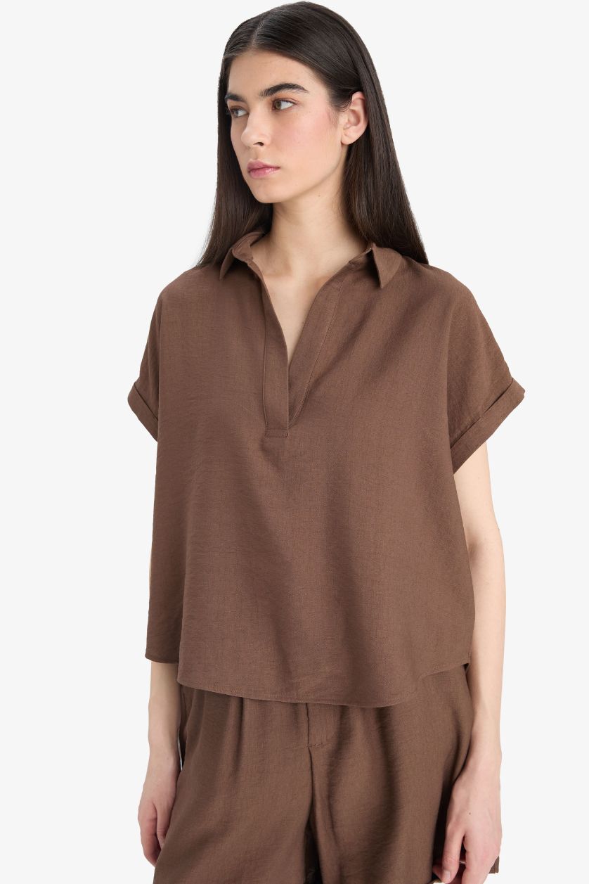 Woman Brown Regular Fit Shirt Collar Short Sleeve Blouse