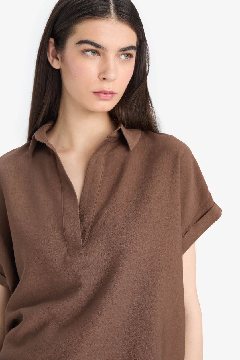 Woman Brown Regular Fit Shirt Collar Short Sleeve Blouse