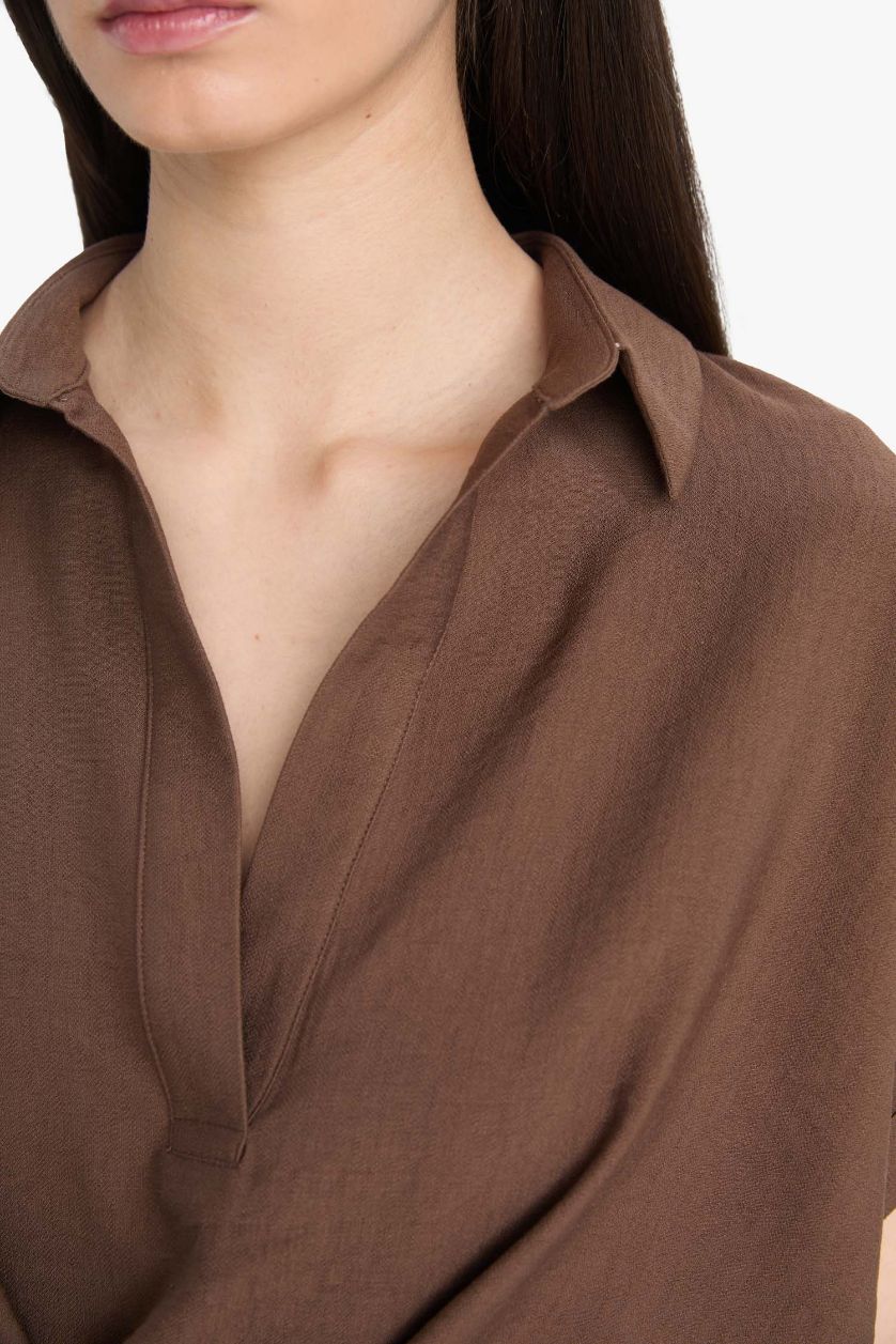 Woman Brown Regular Fit Shirt Collar Short Sleeve Blouse