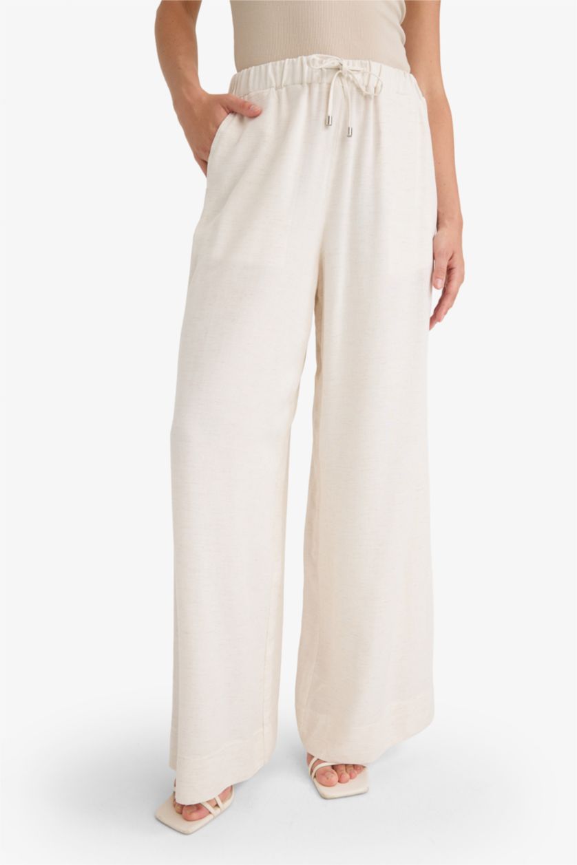 نساء بيج بنطرون وايد ليج برجل واسع بخصر عالي من مزيج الكتان