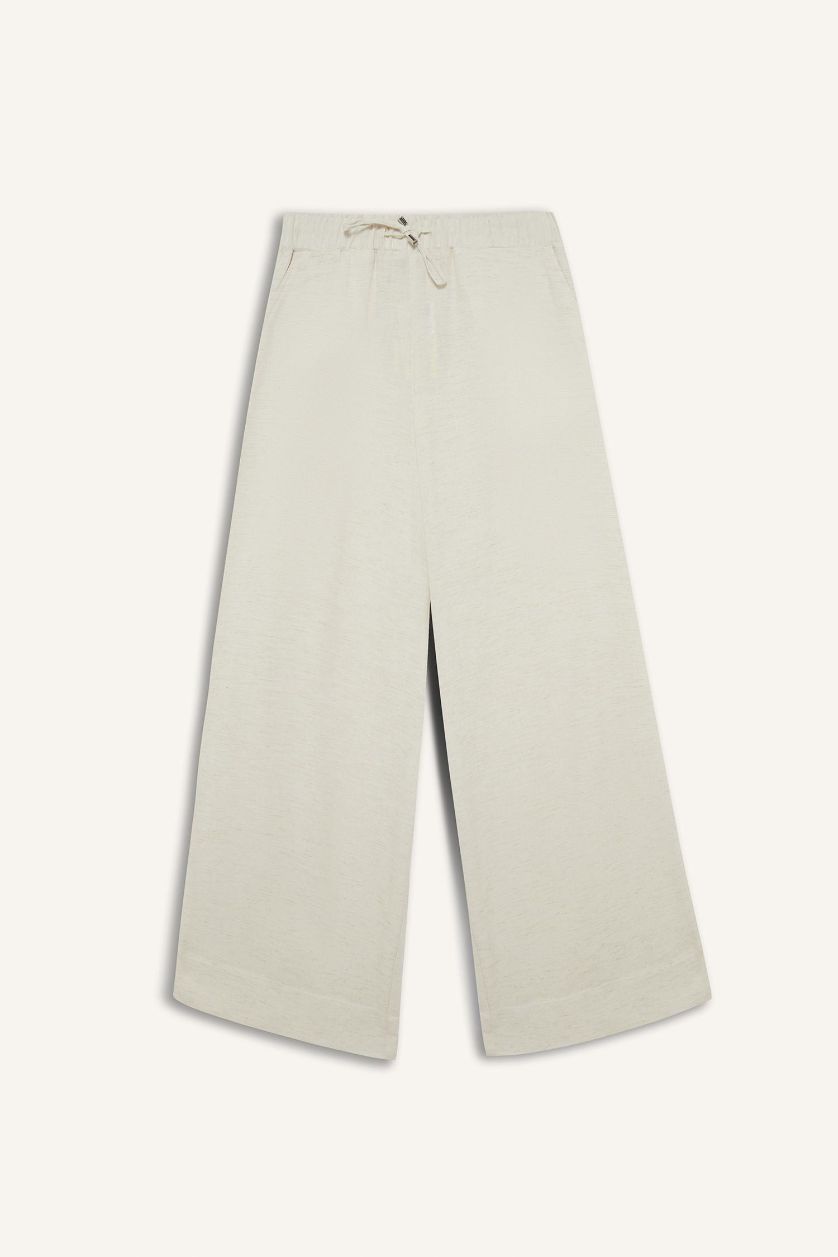 نساء بيج بنطرون وايد ليج برجل واسع بخصر عالي من مزيج الكتان