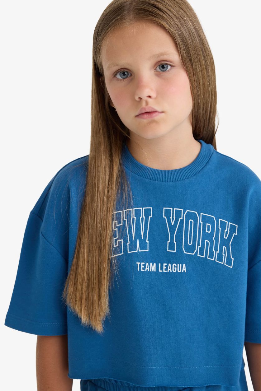 Kız Çocuk - Genç Kız Koyu Mavi 2'li Takım Baskılı Kısa Kollu Tişört Beli Lastikli Eşofman Altı Kız Çocuk