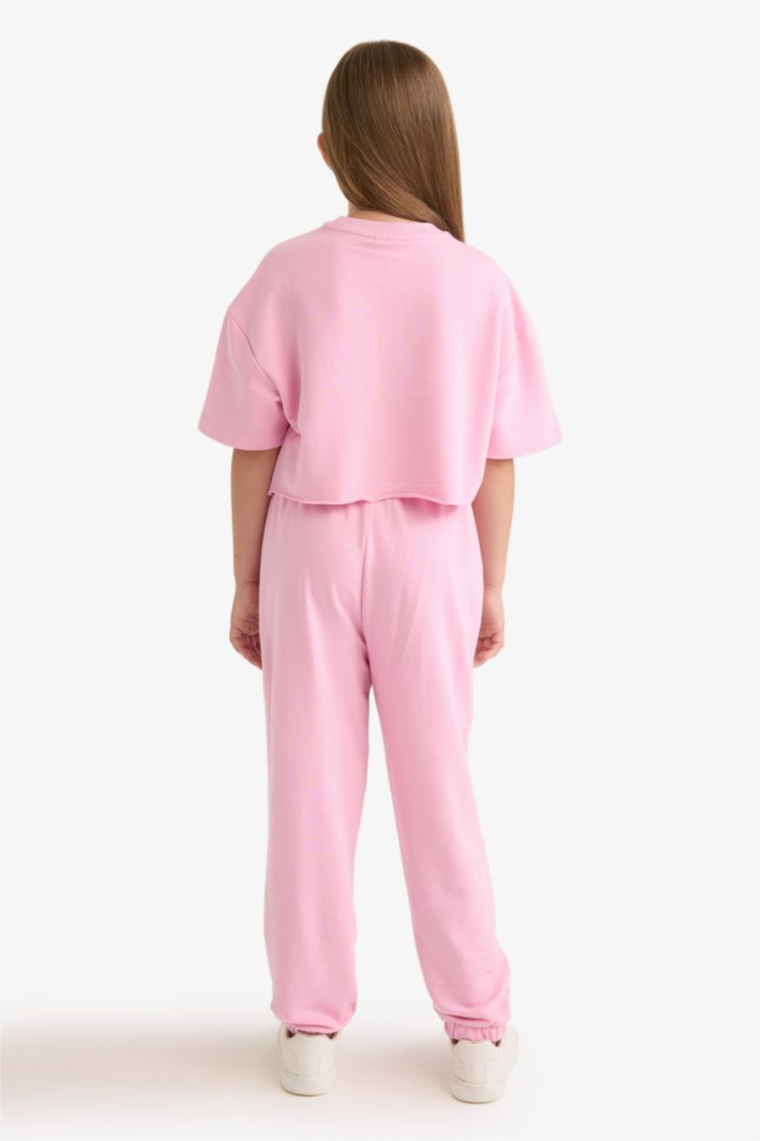 Kız Çocuk - Genç Kız Pembe 2'li Takım Baskılı Kısa Kollu Tişört Beli Lastikli Eşofman Altı Kız Çocuk