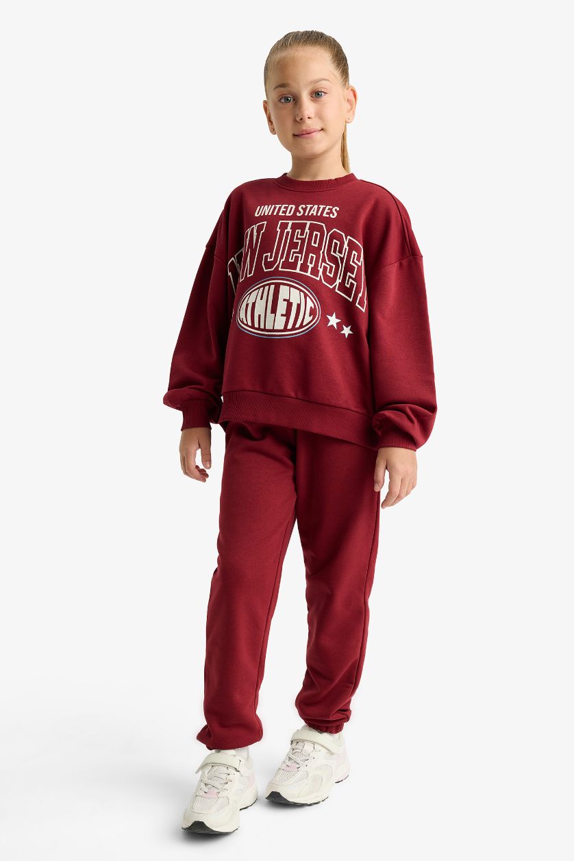 Kız Çocuk - Genç Kız Bordo Kız Çocuk 2'li Takım Baskılı Sweatshirt Eşofman Altı