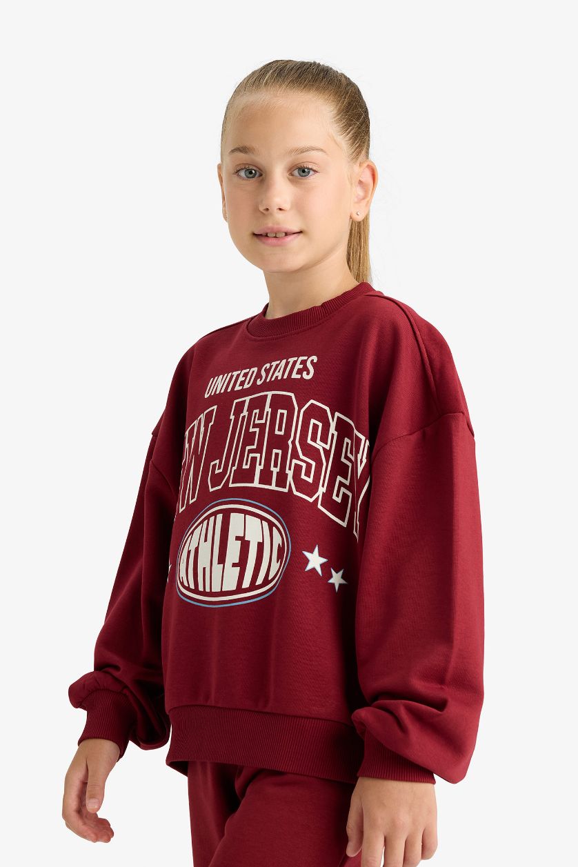 Kız Çocuk - Genç Kız Bordo Kız Çocuk 2'li Takım Baskılı Sweatshirt Eşofman Altı