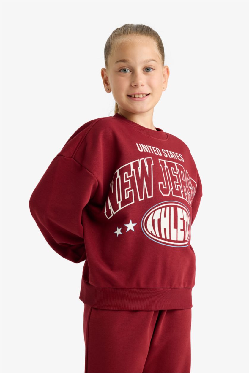 Kız Çocuk - Genç Kız Bordo Kız Çocuk 2'li Takım Baskılı Sweatshirt Eşofman Altı