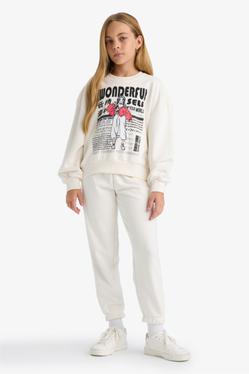 Girls & Teens Ecru Girl Printed Sweatshirt Sweatpants 2 Piece Set