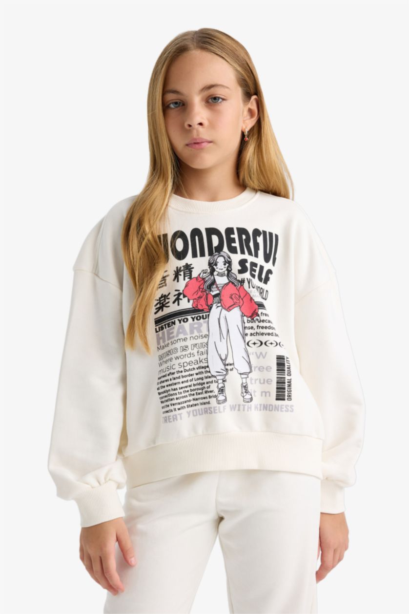 Girls & Teens Ecru Girl Printed Sweatshirt Sweatpants 2 Piece Set