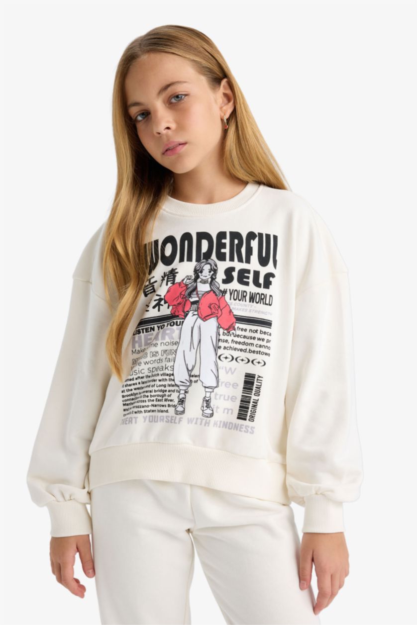 Girls & Teens Ecru Girl Printed Sweatshirt Sweatpants 2 Piece Set