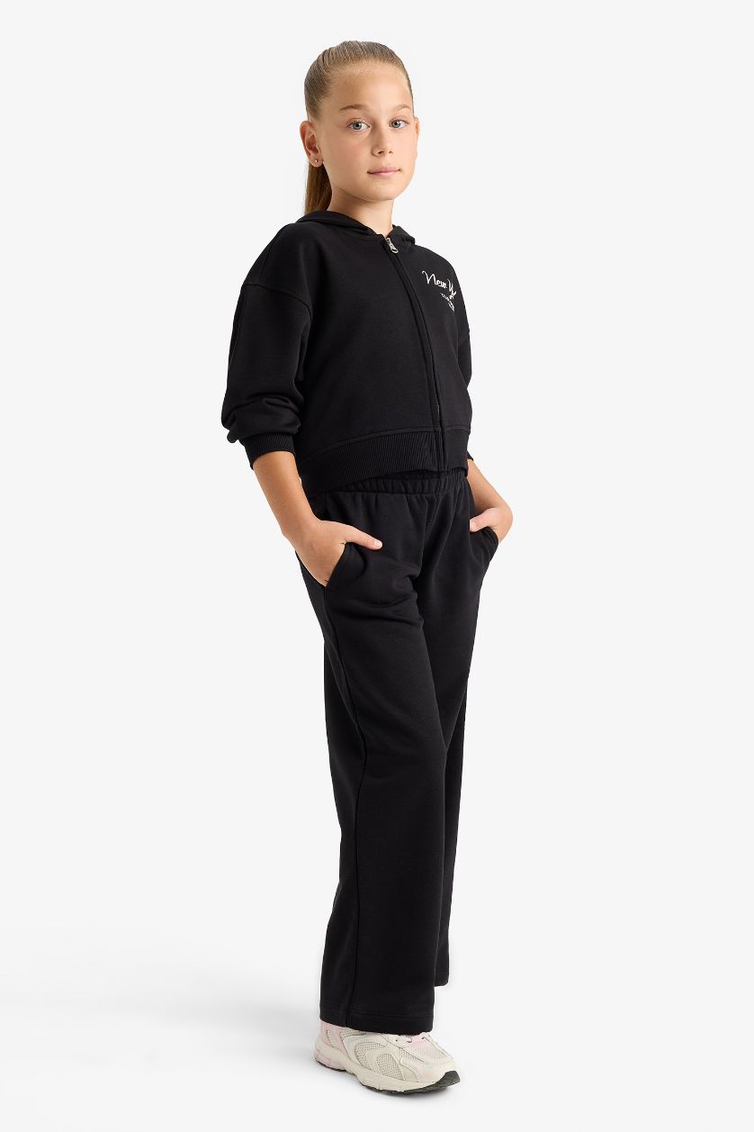 Kız Çocuk - Genç Kız Siyah 2'li Takım Baskılı Kapüşonlu Sweatshirt Eşofman Altı Kız Çocuk