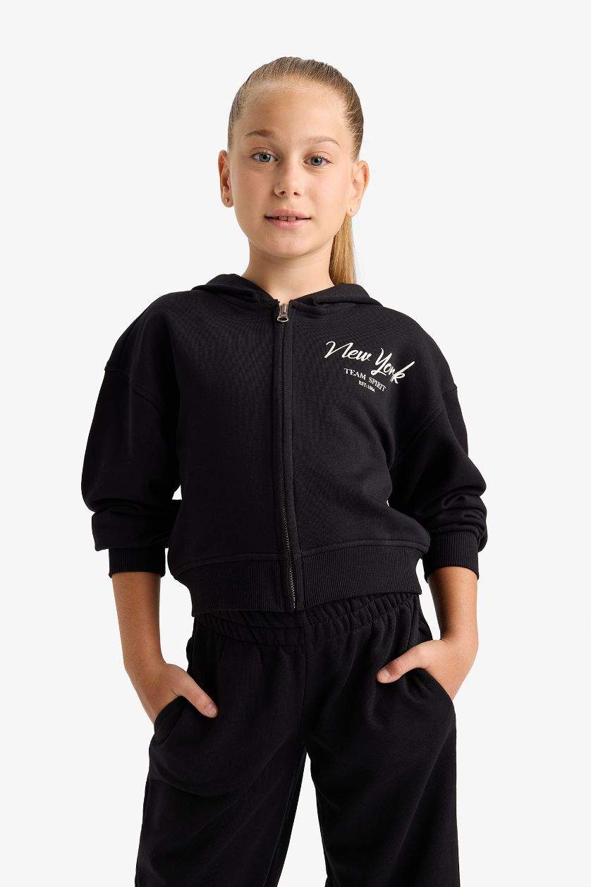 Kız Çocuk - Genç Kız Siyah 2'li Takım Baskılı Kapüşonlu Sweatshirt Eşofman Altı Kız Çocuk