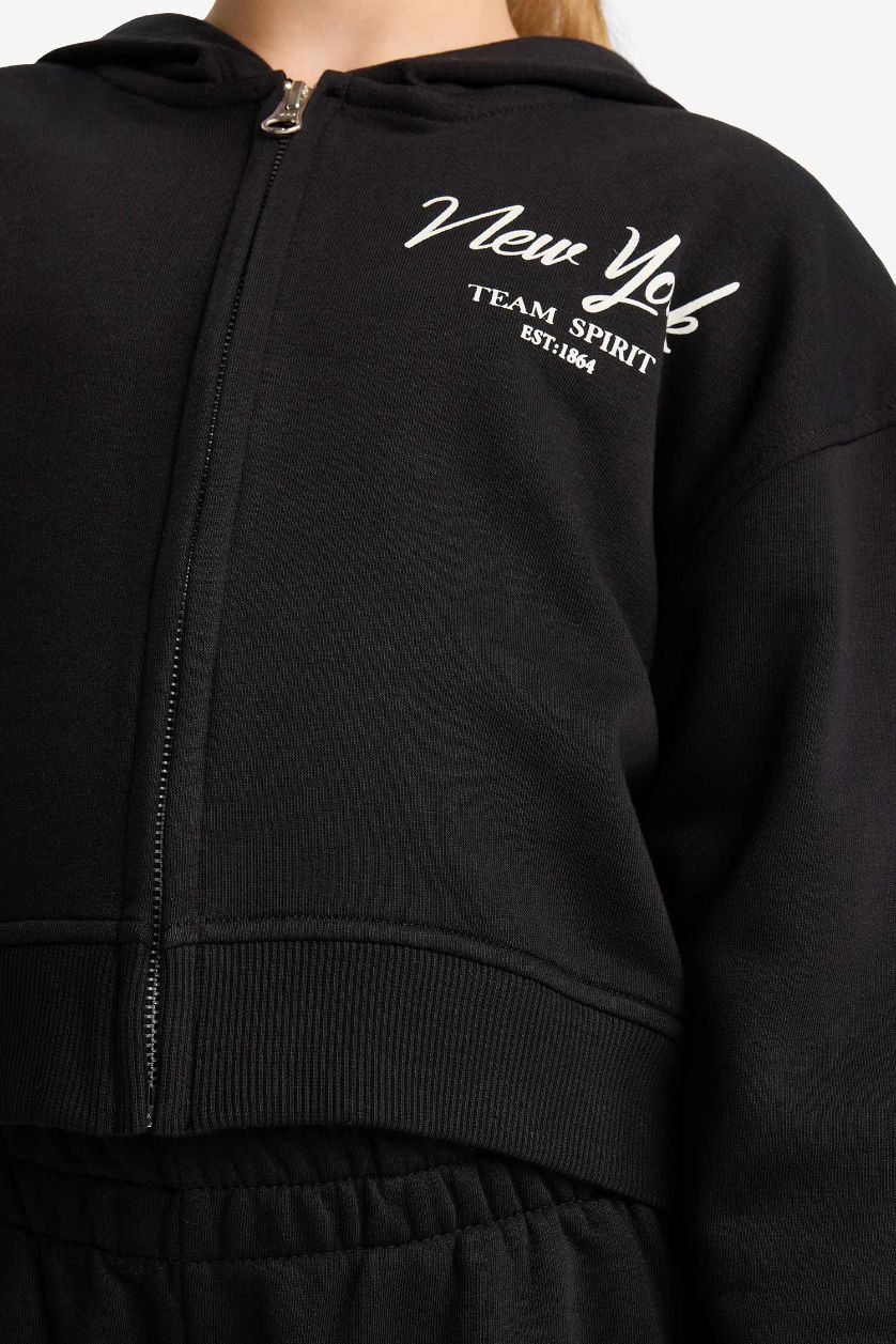 Kız Çocuk - Genç Kız Siyah 2'li Takım Baskılı Kapüşonlu Sweatshirt Eşofman Altı Kız Çocuk