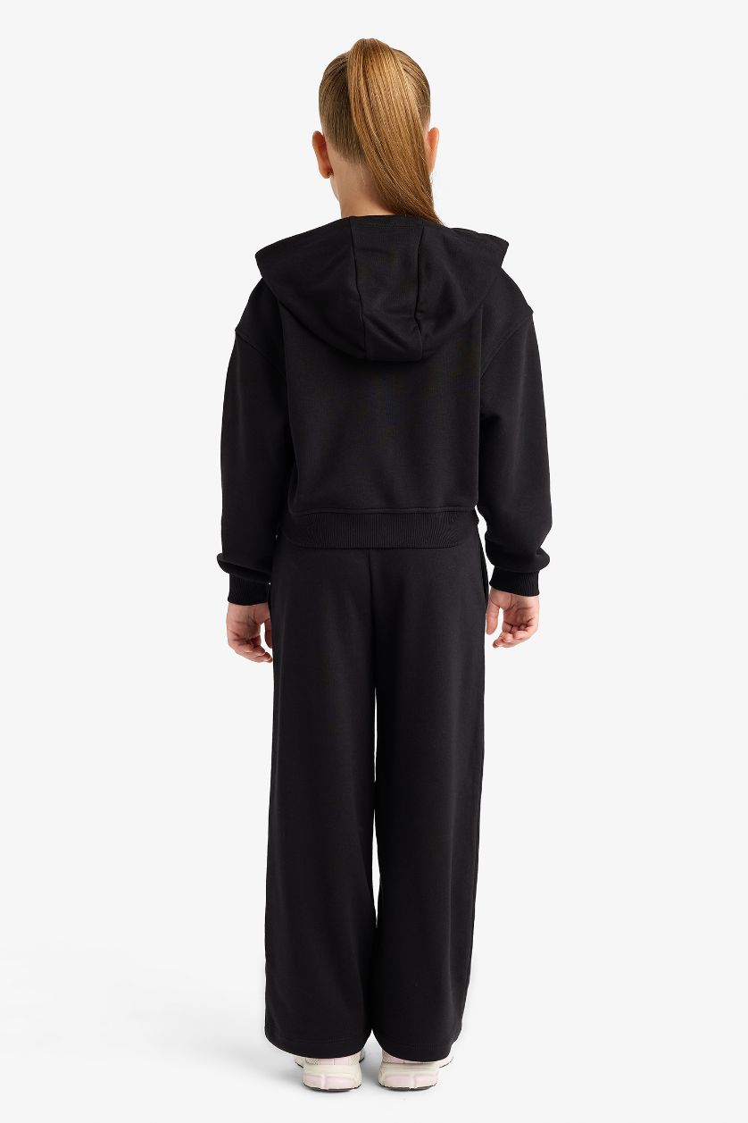 Kız Çocuk - Genç Kız Siyah 2'li Takım Baskılı Kapüşonlu Sweatshirt Eşofman Altı Kız Çocuk