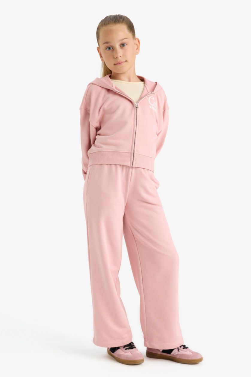 Kız Çocuk - Genç Kız Gülkurusu 2'li Takım Baskılı Kapüşonlu Fermuarlı Sweatshirt Eşofman Altı Kız Çocuk