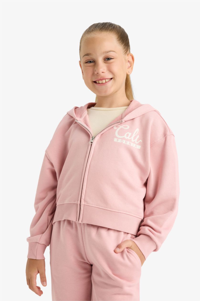 Kız Çocuk - Genç Kız Gülkurusu 2'li Takım Baskılı Kapüşonlu Fermuarlı Sweatshirt Eşofman Altı Kız Çocuk