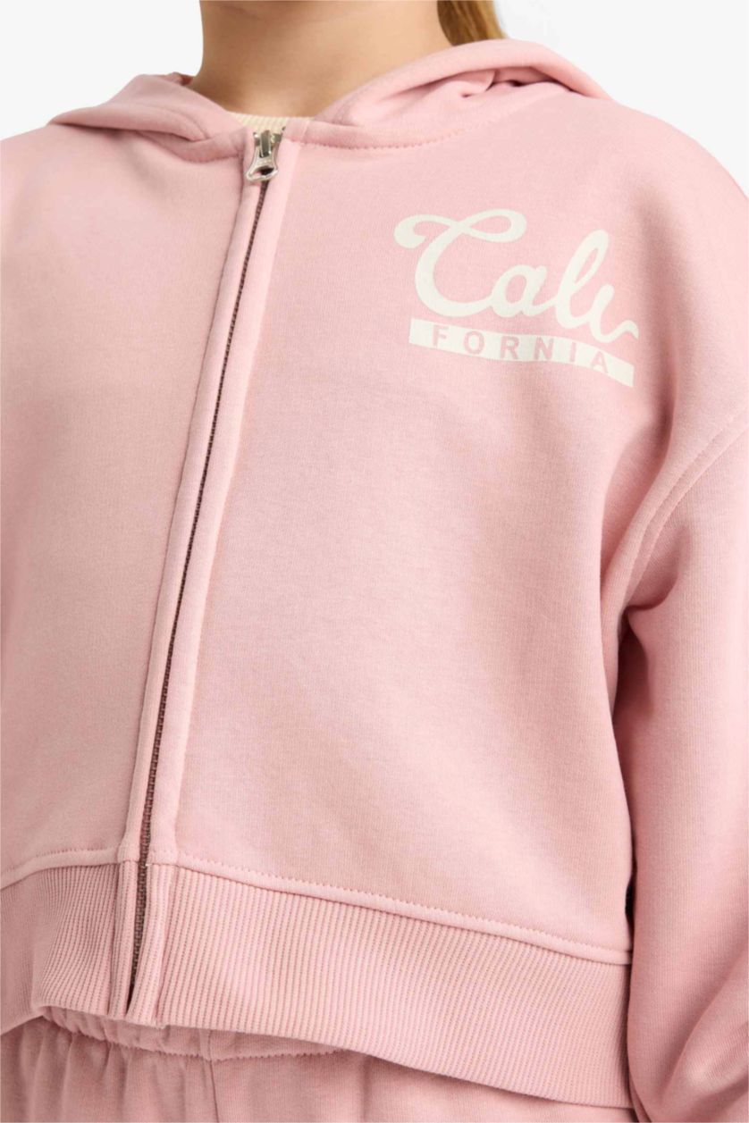 Kız Çocuk - Genç Kız Gülkurusu 2'li Takım Baskılı Kapüşonlu Fermuarlı Sweatshirt Eşofman Altı Kız Çocuk