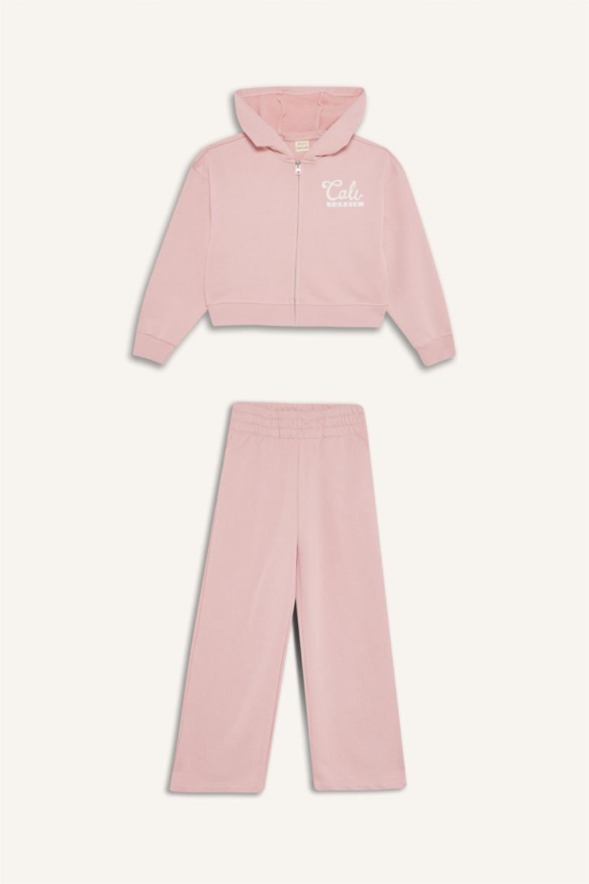 Kız Çocuk - Genç Kız Gülkurusu 2'li Takım Baskılı Kapüşonlu Fermuarlı Sweatshirt Eşofman Altı Kız Çocuk