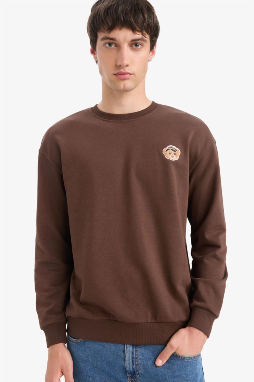 Erkek Kahve Boxy Fıt Bisiklet Yaka Baskılı Sweatshirt