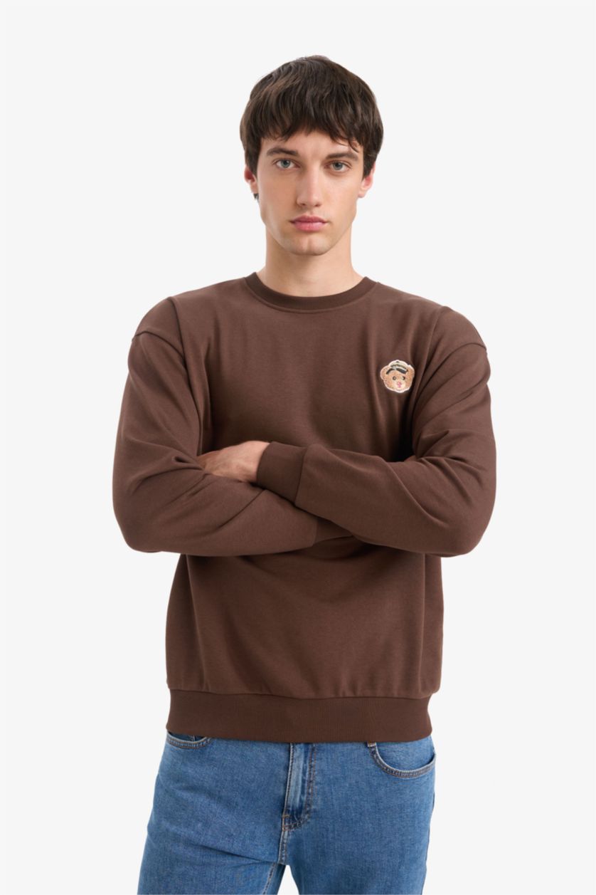 Erkek Kahve Boxy Fıt Bisiklet Yaka Baskılı Sweatshirt