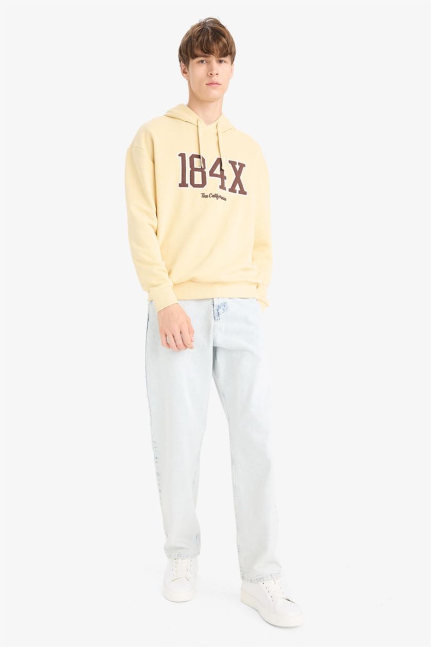 Erkek Açık Bej Boxy Fıt Kapüşonlu Baskılı Sweatshirt