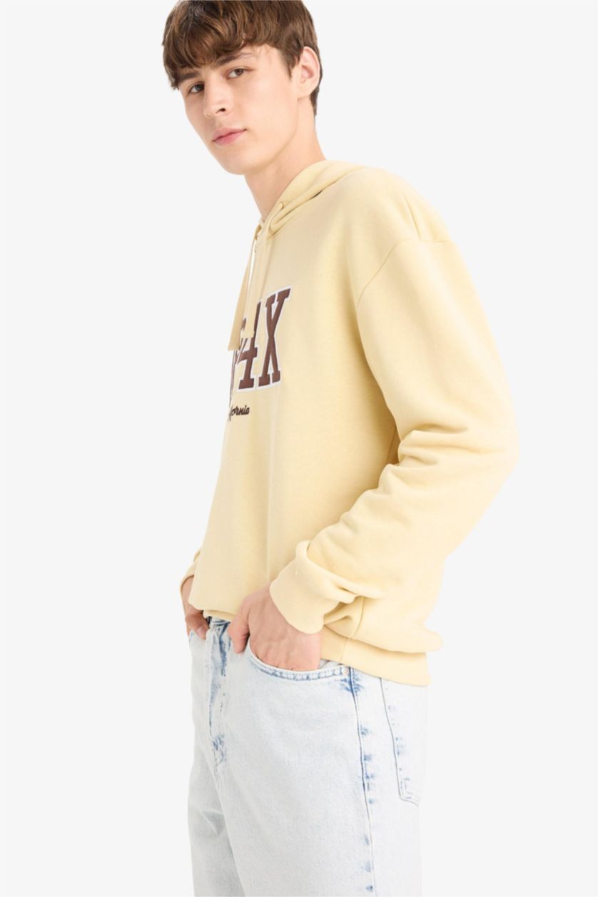 Erkek Açık Bej Boxy Fıt Kapüşonlu Baskılı Sweatshirt