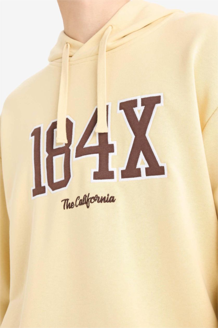 Erkek Açık Bej Boxy Fıt Kapüşonlu Baskılı Sweatshirt