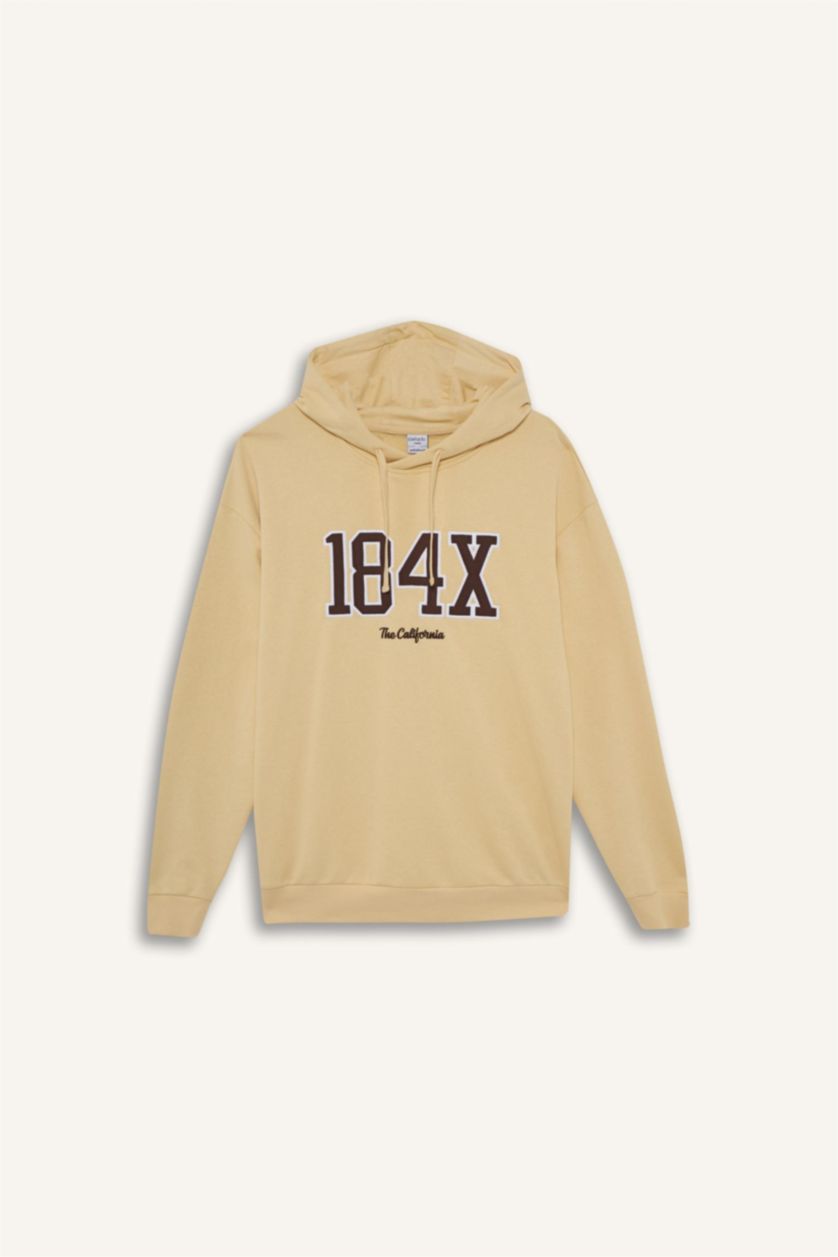 Erkek Açık Bej Boxy Fıt Kapüşonlu Baskılı Sweatshirt