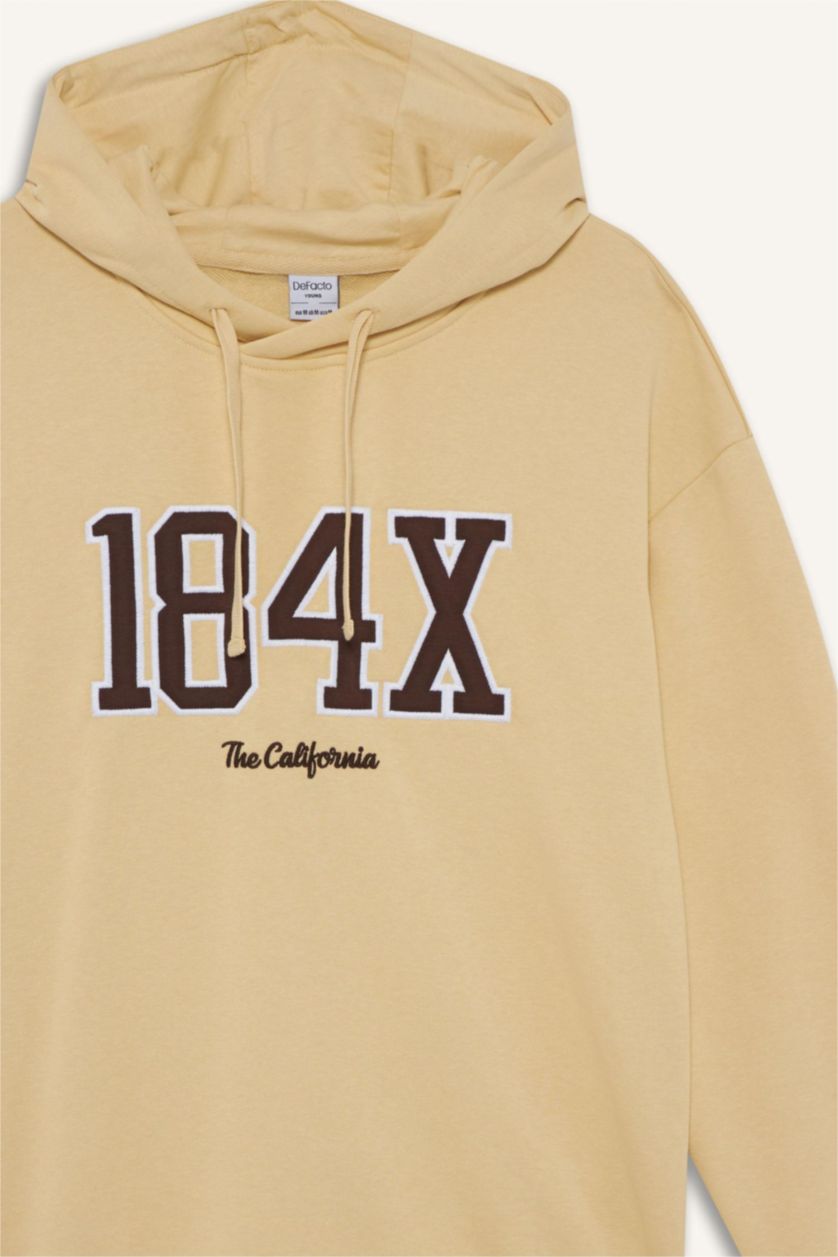 Erkek Açık Bej Boxy Fıt Kapüşonlu Baskılı Sweatshirt