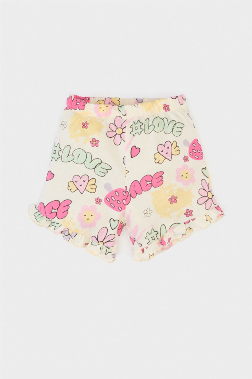 Kız Bebek Ekru 2'li Takım Baskılı Kısa Kollu Tişört Beli Lastikli Desenli Şort Kız Bebek