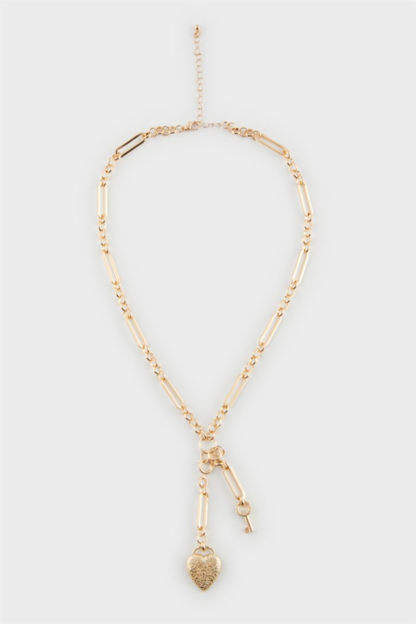 Woman Altın Woman Heart and Key Gold Necklace
