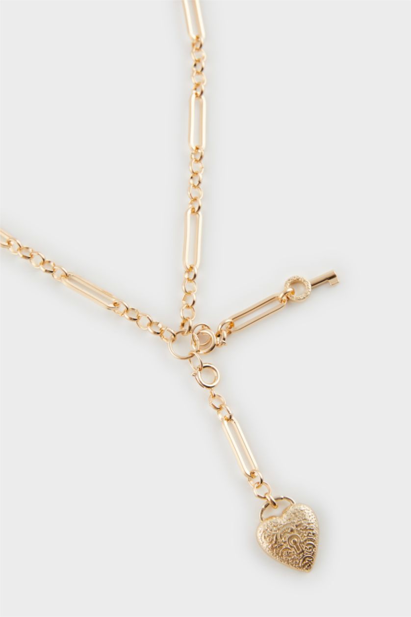 Woman Altın Woman Heart and Key Gold Necklace
