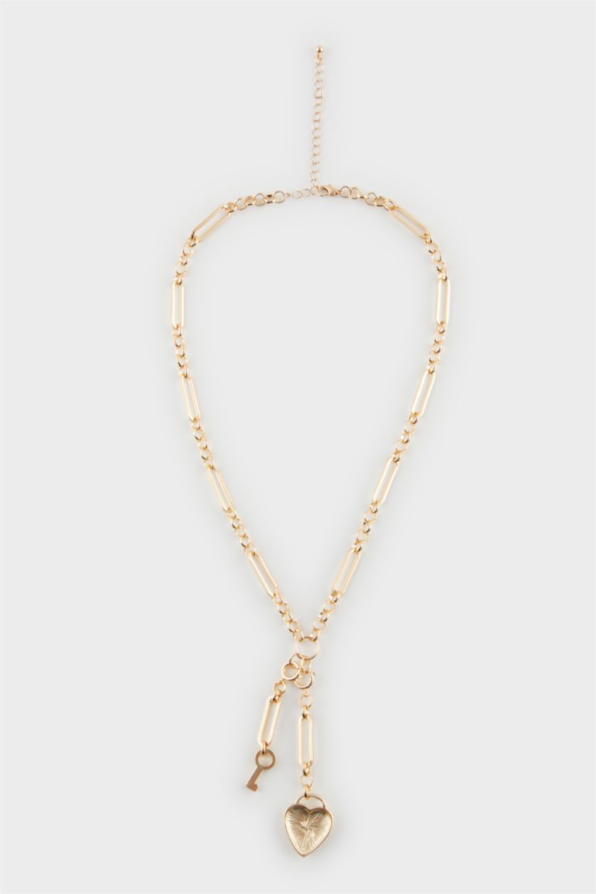 Woman Altın Woman Heart and Key Gold Necklace