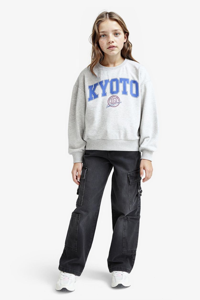 Kız Çocuk - Genç Kız Siyah Relax Fit Bisiklet Yaka Baskılı 2'li Sweatshirt Kız Çocuk