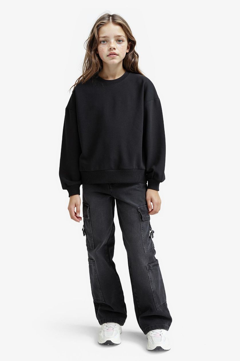 Kız Çocuk - Genç Kız Siyah Relax Fit Bisiklet Yaka Baskılı 2'li Sweatshirt Kız Çocuk