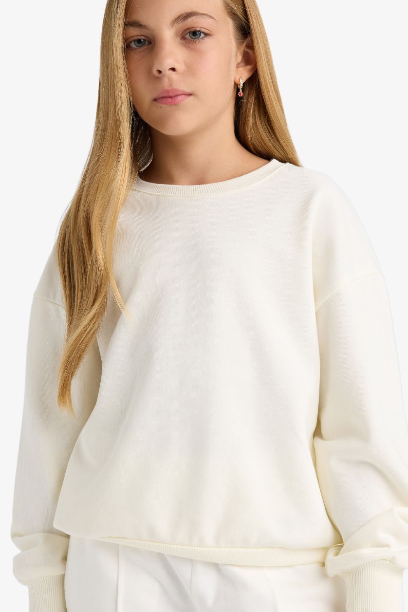 Kız Çocuk - Genç Kız Ekru Okul Relax Fit Bisiklet Yaka Baskılı 2'li Sweatshirt Kız Çocuk