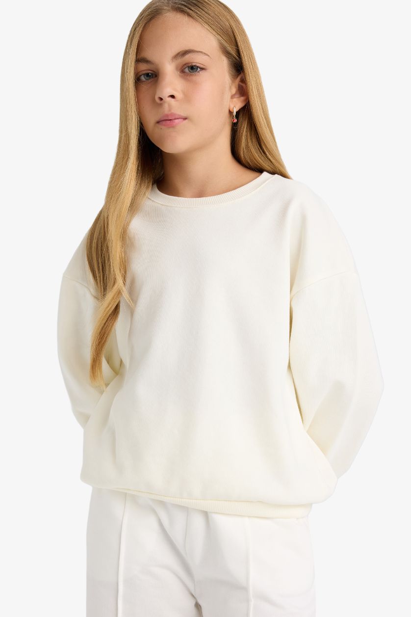 Kız Çocuk - Genç Kız Ekru Okul Relax Fit Bisiklet Yaka Baskılı 2'li Sweatshirt Kız Çocuk