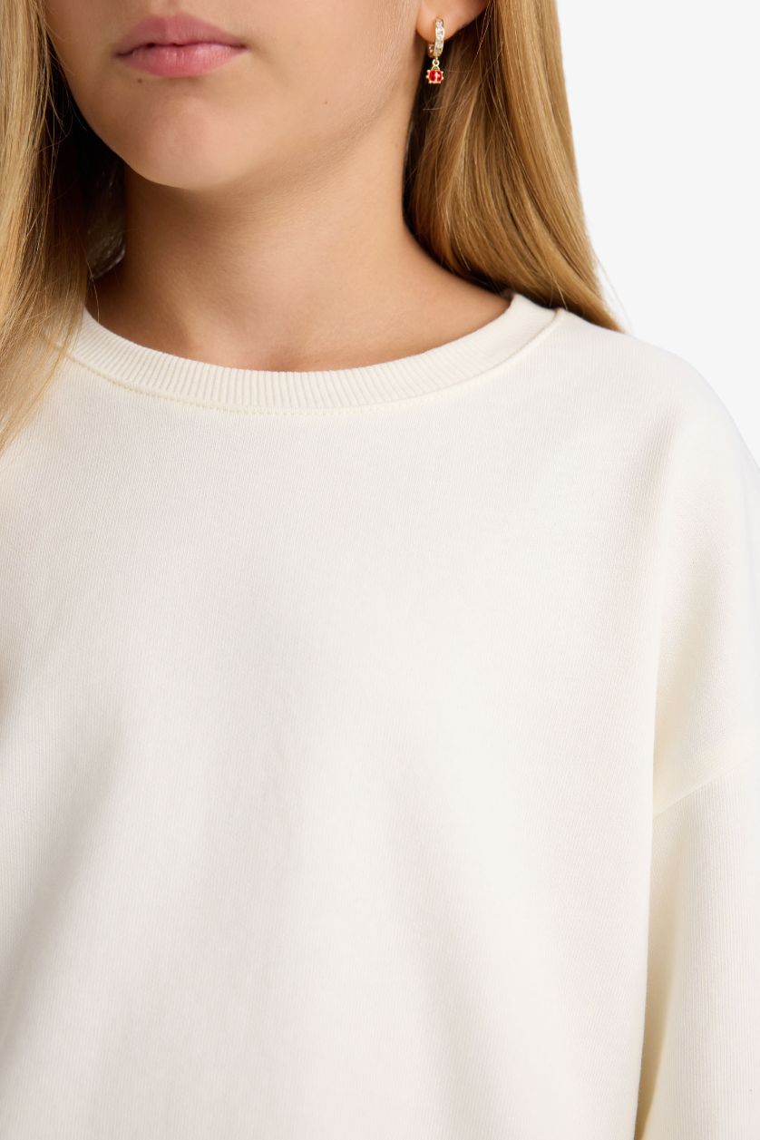 Kız Çocuk - Genç Kız Ekru Okul Relax Fit Bisiklet Yaka Baskılı 2'li Sweatshirt Kız Çocuk