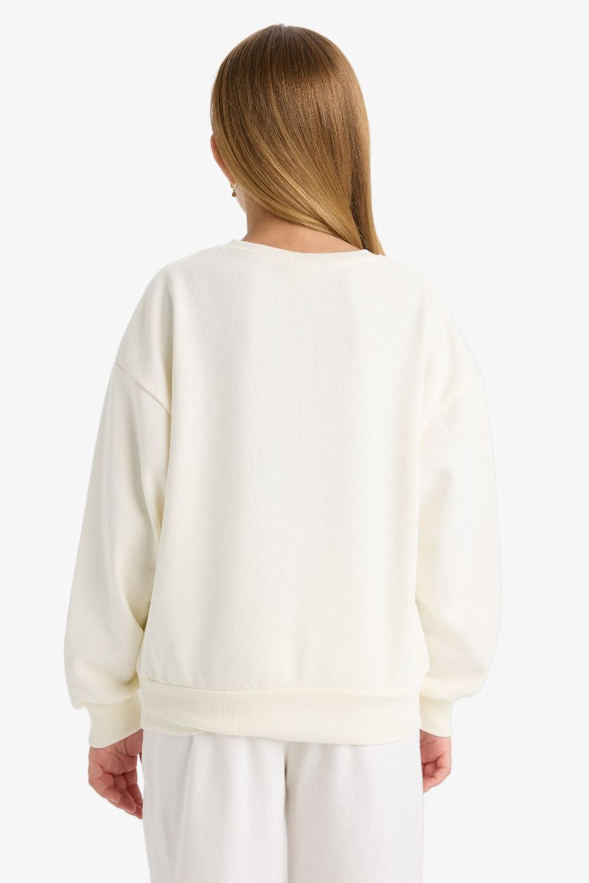 Kız Çocuk - Genç Kız Ekru Okul Relax Fit Bisiklet Yaka Baskılı 2'li Sweatshirt Kız Çocuk