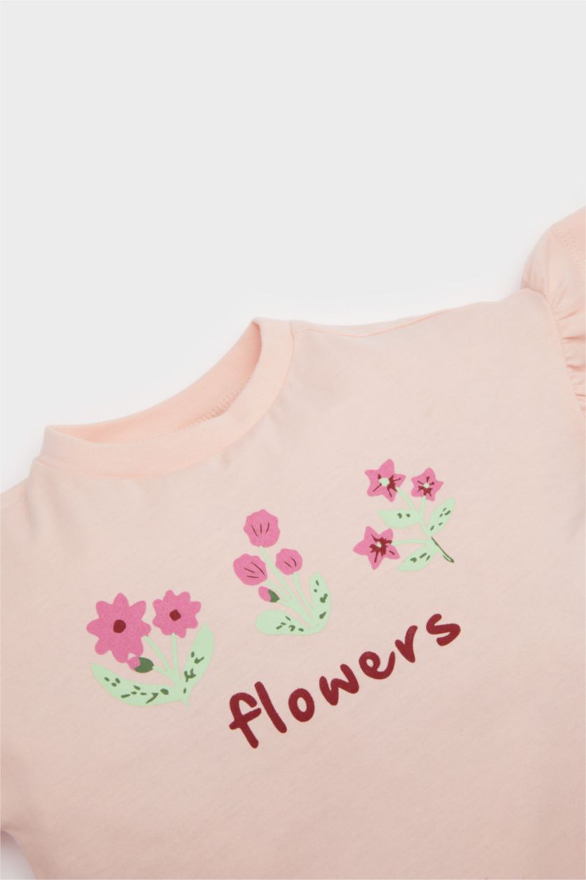 Kız Bebek Pembe 2'li Takım Çiçekli Kısa Kollu Tişört Tayt Kız Bebek