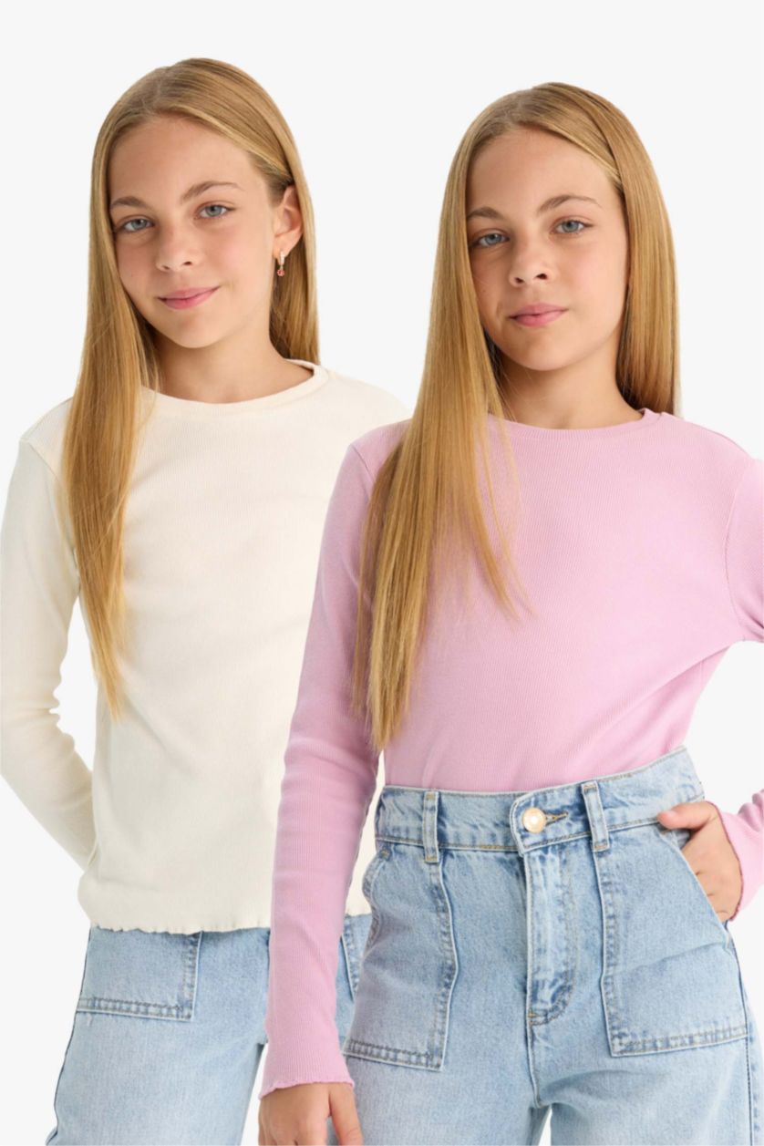 Kız Çocuk - Genç Kız Pembe Okula Dönüş Slim Fit Dar Kesim Bisiklet Yaka Fitilli Kaşkorse 2'li Uzun Kollu Tişört Kız Çocuk