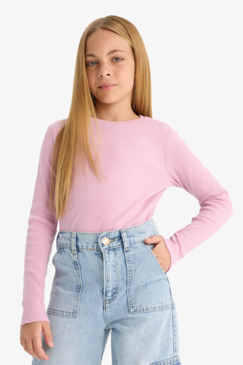 Kız Çocuk - Genç Kız Pembe Okula Dönüş Slim Fit Dar Kesim Bisiklet Yaka Fitilli Kaşkorse 2'li Uzun Kollu Tişört Kız Çocuk