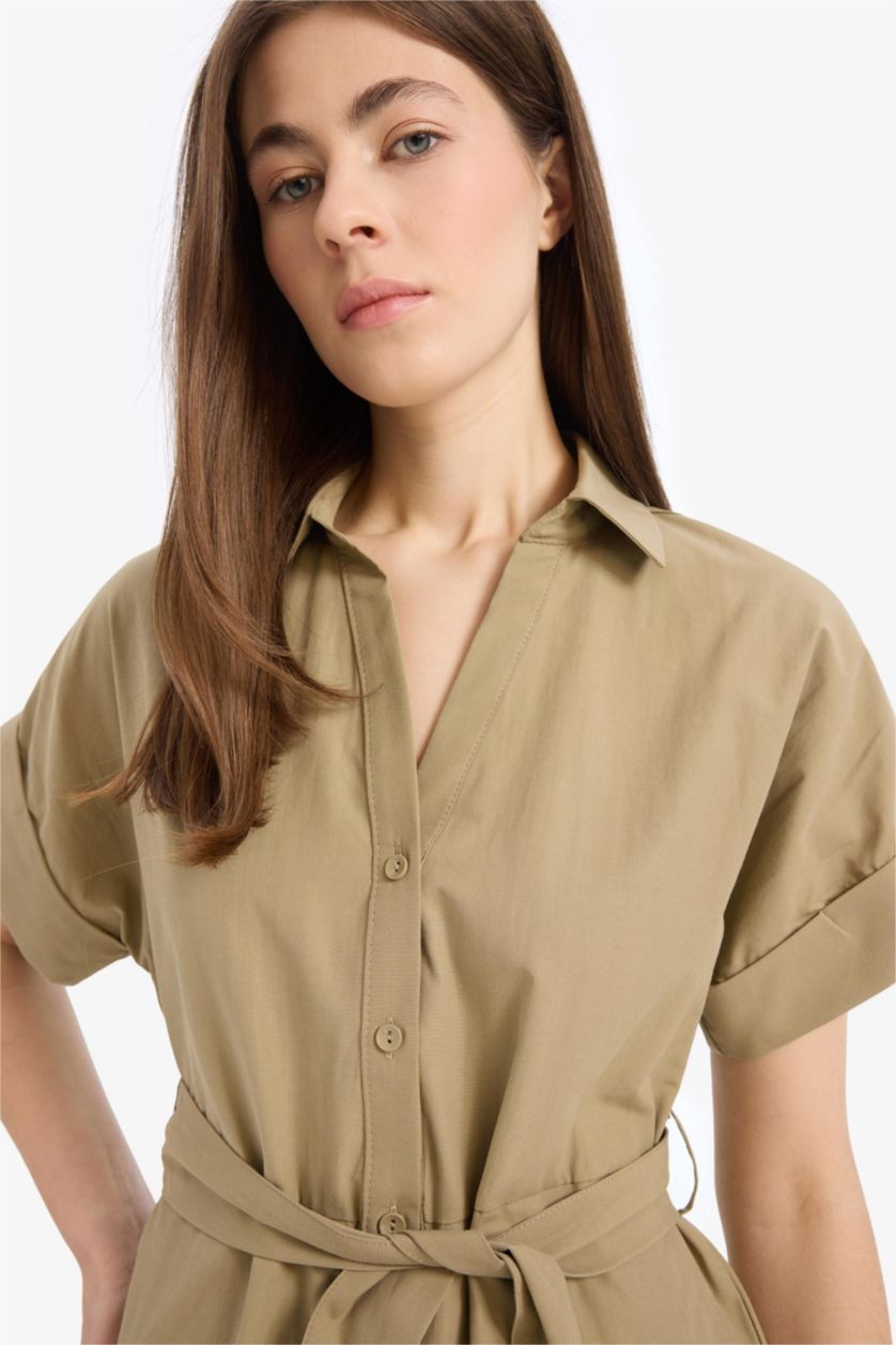 Kadın Haki A Kesim Gömlek Yaka Kuşaklı Poplin Kısa Kollu Midi Elbise