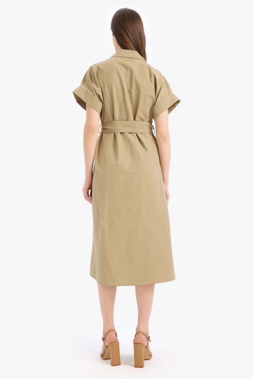Kadın Haki A Kesim Gömlek Yaka Kuşaklı Poplin Kısa Kollu Midi Elbise