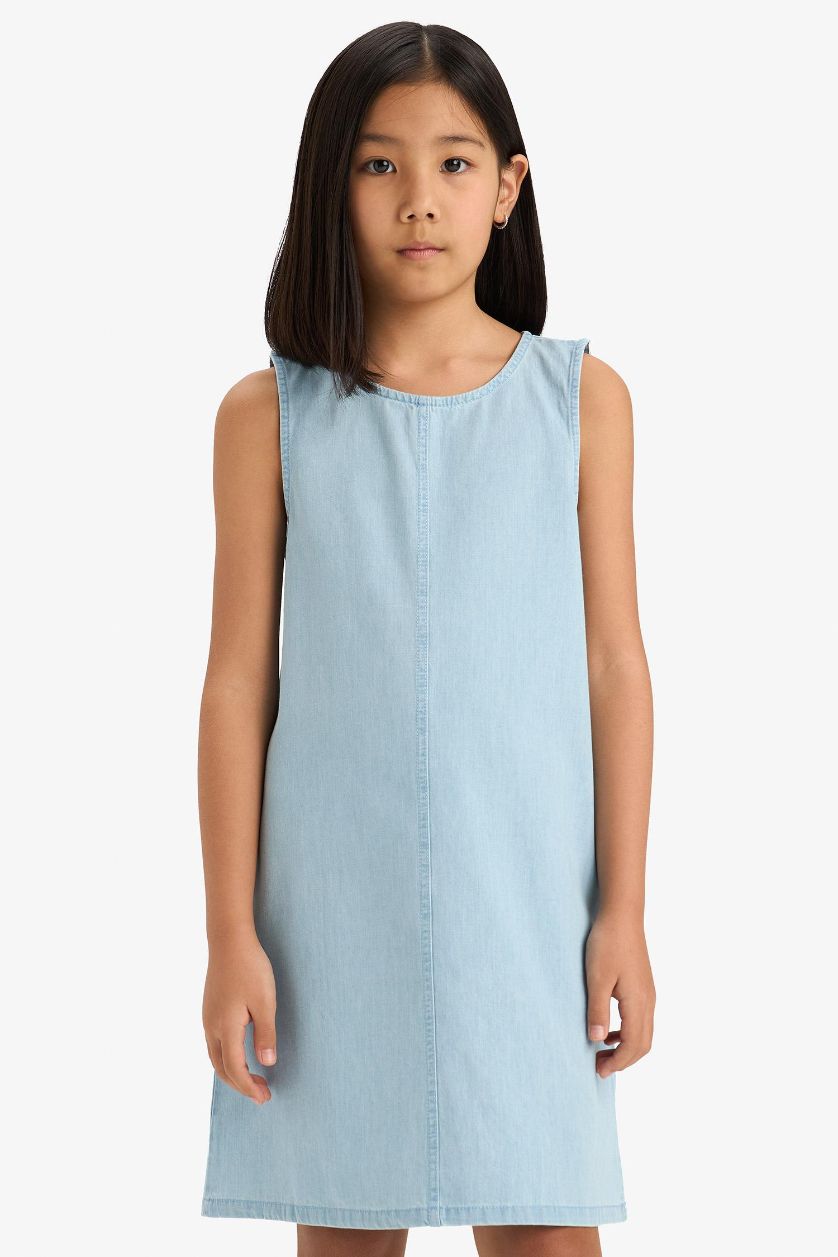 Kız Çocuk - Genç Kız Buz Mavi Kolsuz Yazlık Jean Elbise Kız Çocuk