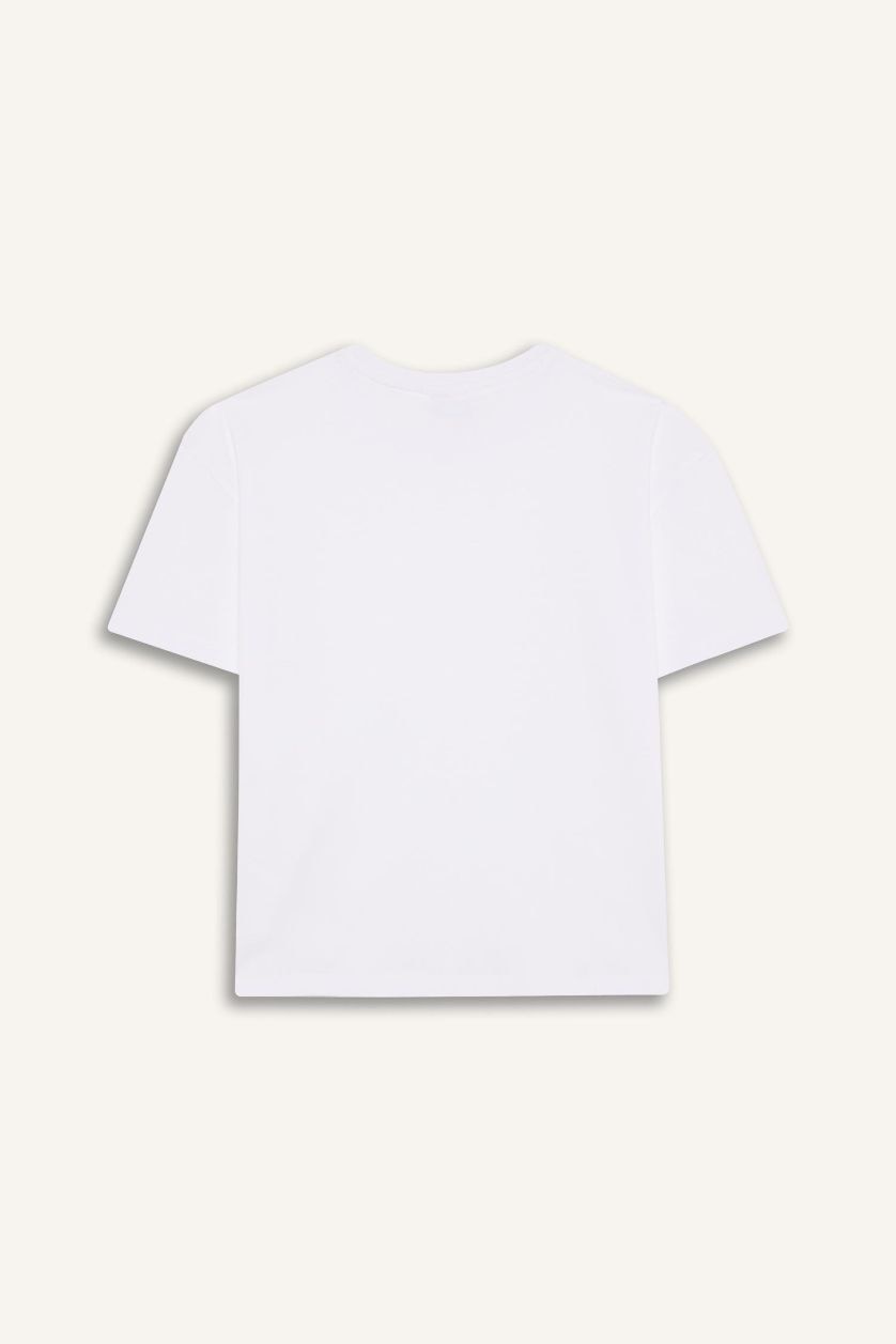 Kız Çocuk - Genç Kız Beyaz Relax Fit Bisiklet Yaka Kısa Kollu Okul Tişörtü Kız Çocuk